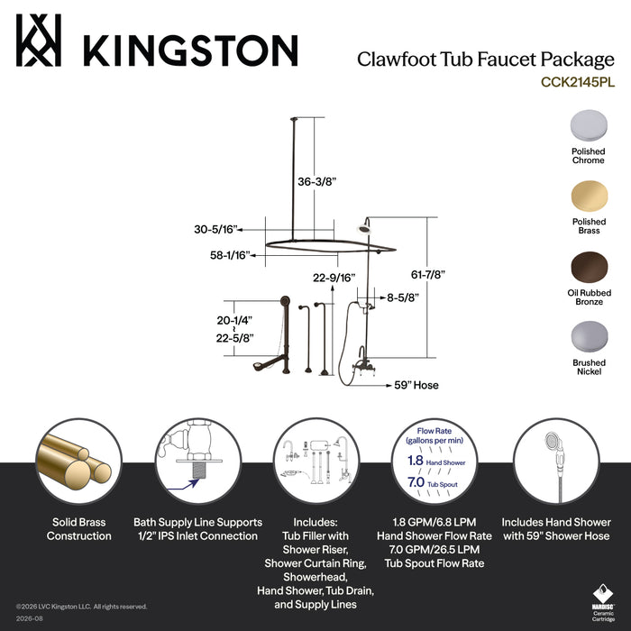 Kingston Heirloom CCK2142PL - Vintage Three-Handle 2-Hole Tub Wall Mount Clawfoot Tub Faucet Package with Shower Enclosure and Hand Shower, Polished Brass