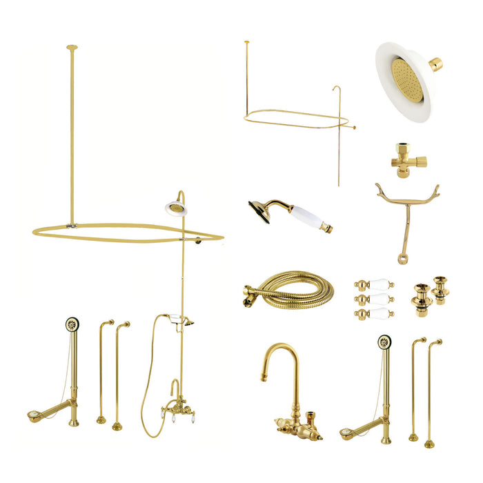 Kingston Heirloom CCK2142PL - Vintage Three-Handle 2-Hole Tub Wall Mount Clawfoot Tub Faucet Package with Shower Enclosure and Hand Shower, Polished Brass