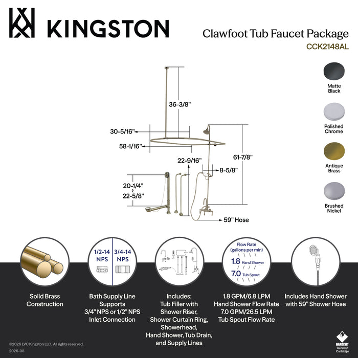 Kingston Tulare CCK2143AL - Vintage Three-Handle 2-Hole Tub Wall Mount Clawfoot Tub Faucet Package with Shower Enclosure and Hand Shower, Antique Brass