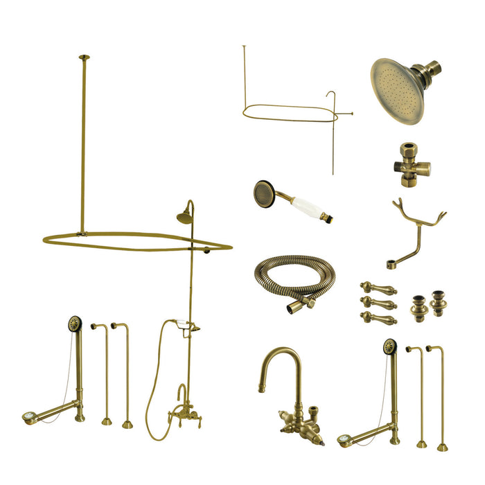 Kingston Tulare CCK2143AL - Vintage Three-Handle 2-Hole Tub Wall Mount Clawfoot Tub Faucet Package with Shower Enclosure and Hand Shower, Antique Brass