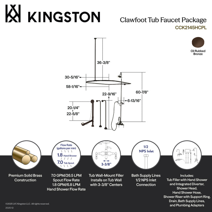 Kingston Heirloom CCK2145HCPL - Vintage Three-Handle 2-Hole Tub Wall Mount Clawfoot Tub Faucet Package with Shower Enclosure and Hand Shower, Oil Rubbed Bronze