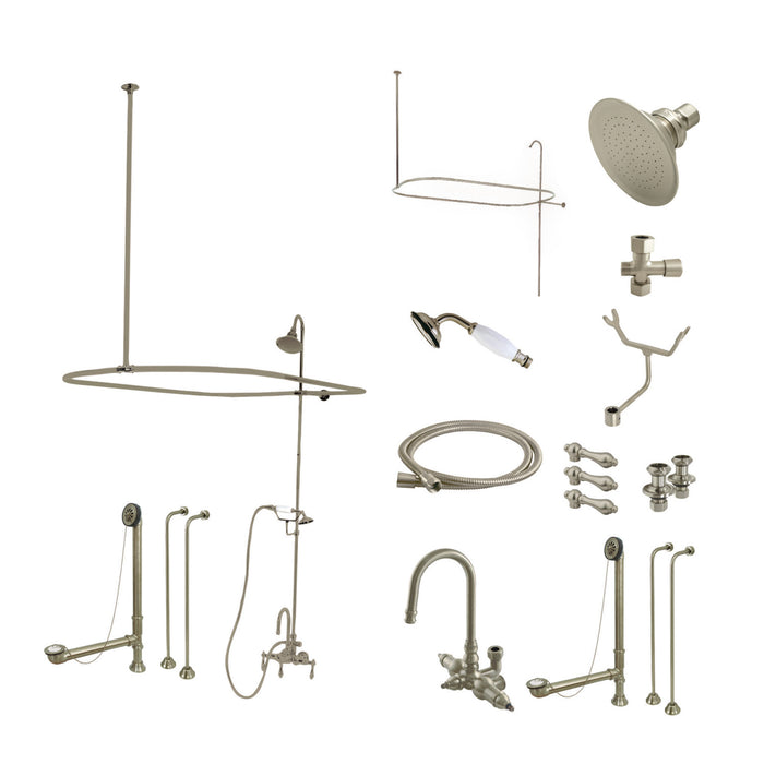 Kingston Tulare CCK2148AL - Vintage Three-Handle 2-Hole Tub Wall Mount Clawfoot Tub Faucet Package with Shower Enclosure and Hand Shower, Brushed Nickel