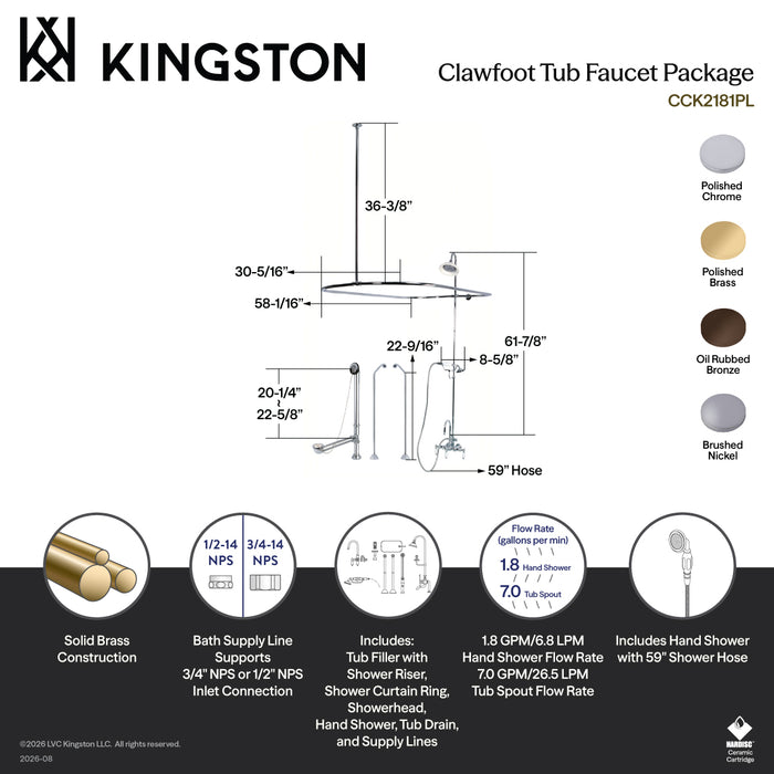 Kingston Heirloom CCK2181PL - Vintage Three-Handle 2-Hole Tub Wall Mount Clawfoot Tub Faucet Package with Shower Enclosure and Hand Shower, Polished Chrome