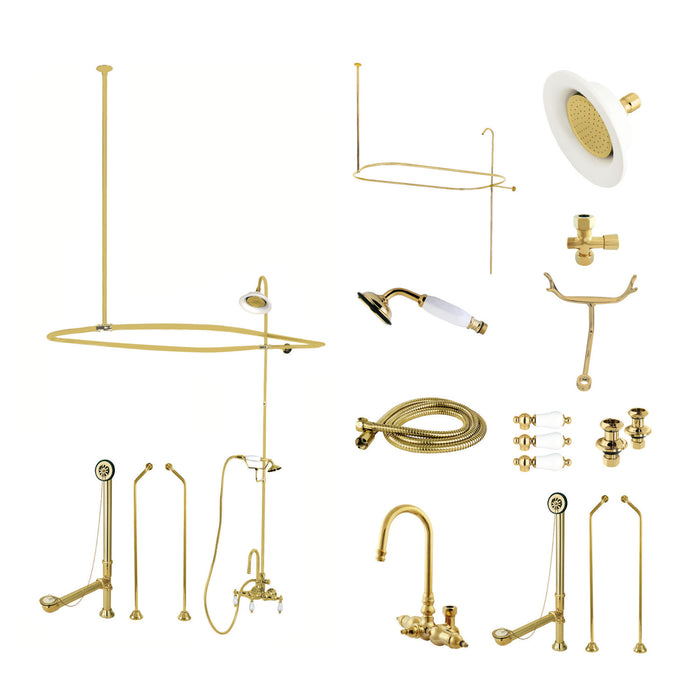 Kingston Heirloom CCK2182PL - Vintage Three-Handle 2-Hole Tub Wall Mount Clawfoot Tub Faucet Package with Shower Enclosure and Hand Shower, Polished Brass