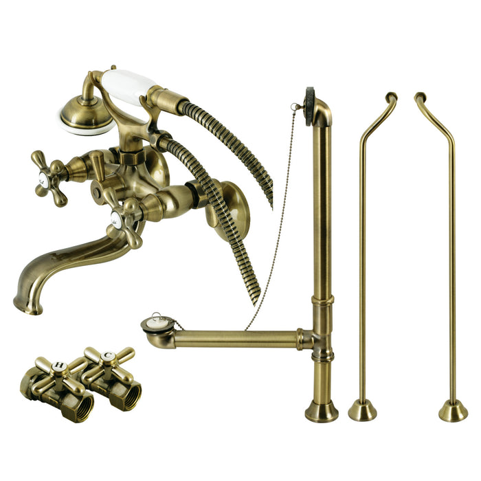 Vintage CCK225ABD Three-Handle 2-Hole Tub Wall Mount Clawfoot Tub Faucet Package with Supply Line, Hand Shower and Tub Drain, Antique Brass