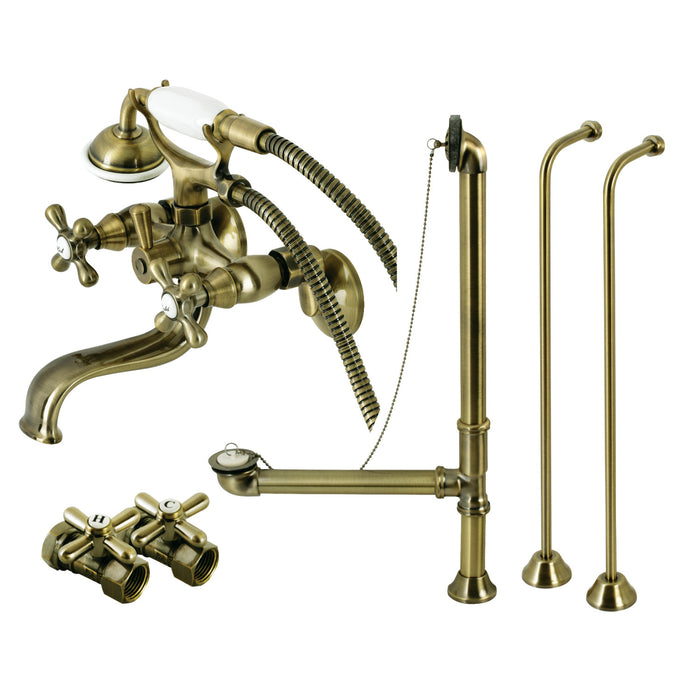 Kingston Heirloom CCK225AB - Vintage Three-Handle 2-Hole Tub Wall Mount Clawfoot Tub Faucet Package with Supply Line, Hand Shower and Tub Drain, Antique Brass