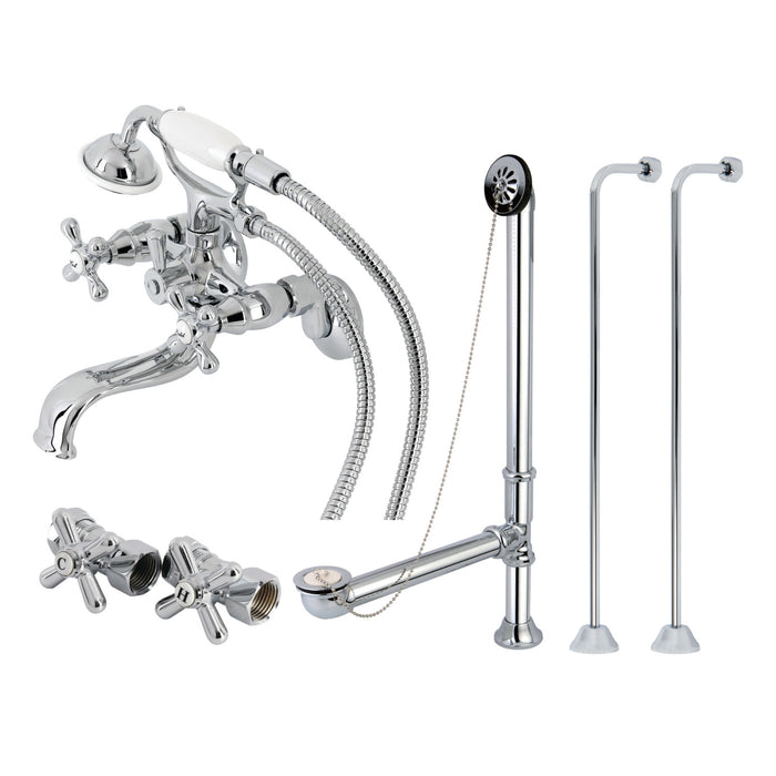 Kingston Heirloom CCK225C - Vintage Three-Handle 2-Hole Tub Wall Mount Clawfoot Tub Faucet Package with Supply Line, Hand Shower and Tub Drain, Polished Chrome