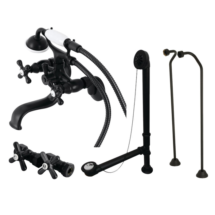Kingston Heirloom CCK225MBD - Vintage Three-Handle 2-Hole Tub Wall Mount Clawfoot Tub Faucet Package with Supply Line, Hand Shower and Tub Drain, Matte Black