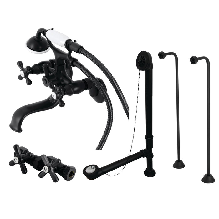 Kingston Heirloom CCK225MB - Vintage Three-Handle 2-Hole Tub Wall Mount Clawfoot Tub Faucet Package with Supply Line, Hand Shower and Tub Drain, Matte Black