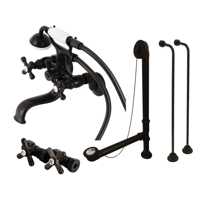 Kingston Heirloom CCK225ORB - Vintage Three-Handle 2-Hole Tub Wall Mount Clawfoot Tub Faucet Package with Supply Line, Hand Shower and Tub Drain, Oil Rubbed Bronze