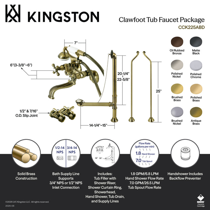 Kingston Heirloom CCK225PBD - Vintage Three-Handle 2-Hole Tub Wall Mount Clawfoot Tub Faucet Package with Supply Line, Hand Shower and Tub Drain, Polished Brass