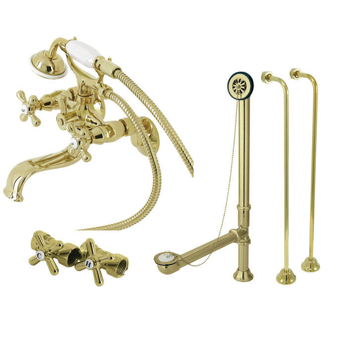 Kingston Heirloom CCK225PB - Vintage Three-Handle 2-Hole Tub Wall Mount Clawfoot Tub Faucet Package with Supply Line, Hand Shower and Tub Drain, Polished Brass