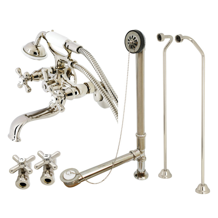 Kingston Heirloom CCK225PND - Vintage Three-Handle 2-Hole Tub Wall Mount Clawfoot Tub Faucet Package with Supply Line, Hand Shower and Tub Drain, Polished Nickel