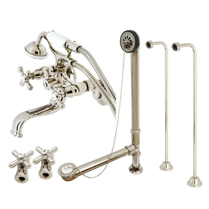 Vintage CCK225PN Three-Handle 2-Hole Tub Wall Mount Clawfoot Tub Faucet Package with Supply Line, Hand Shower and Tub Drain, Polished Nickel