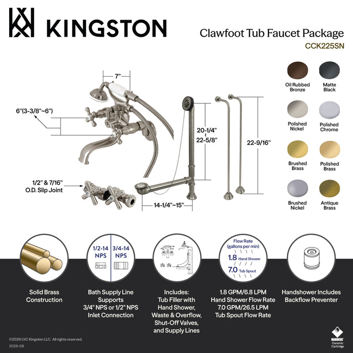 Kingston Heirloom CCK225SB - Vintage Three-Handle 2-Hole Tub Wall Mount Clawfoot Tub Faucet Package with Supply Line, Hand Shower and Tub Drain, Brushed Brass