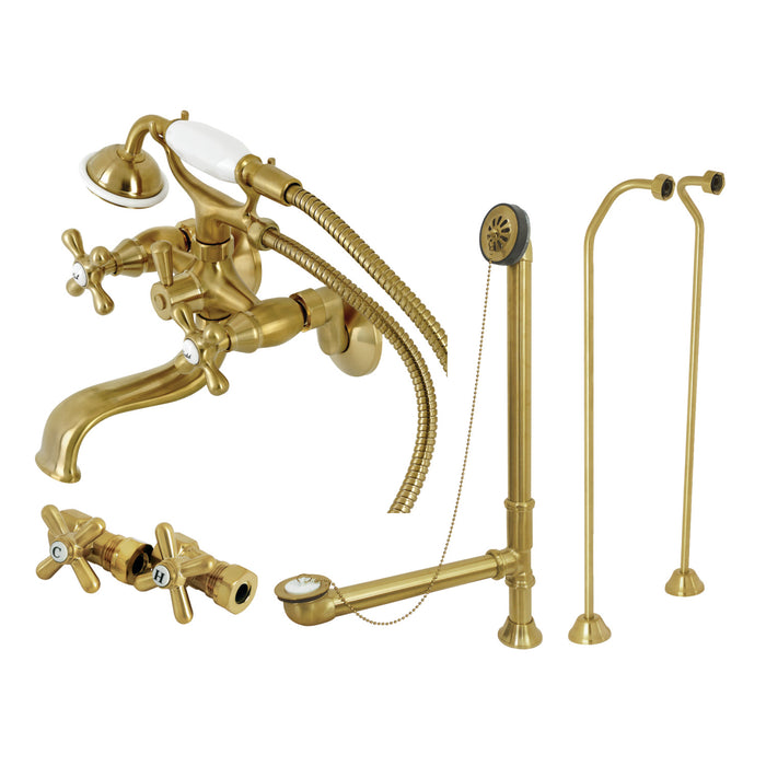 Vintage CCK225SBD Three-Handle 2-Hole Tub Wall Mount Clawfoot Tub Faucet Package with Supply Line, Hand Shower and Tub Drain, Brushed Brass