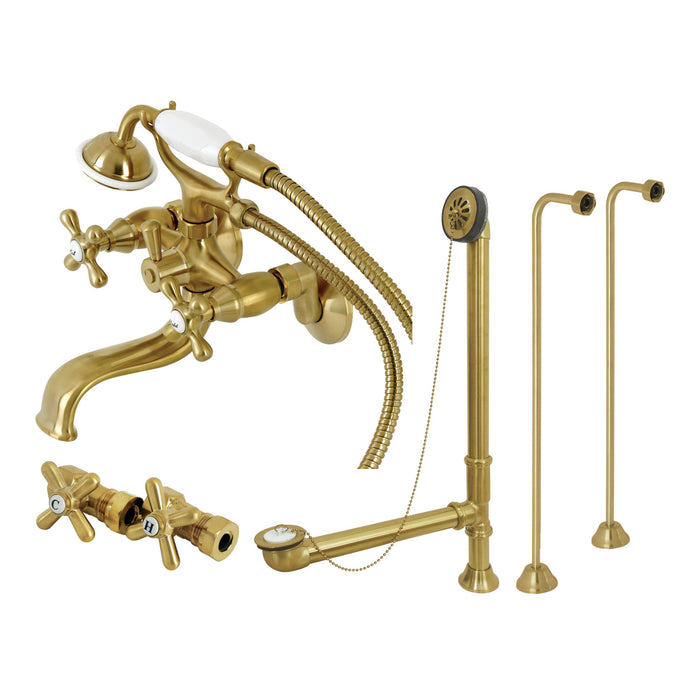 Kingston Heirloom CCK225SB - Vintage Three-Handle 2-Hole Tub Wall Mount Clawfoot Tub Faucet Package with Supply Line, Hand Shower and Tub Drain, Brushed Brass