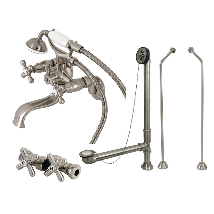 Kingston Heirloom CCK225SND - Vintage Three-Handle 2-Hole Tub Wall Mount Clawfoot Tub Faucet Package with Supply Line, Hand Shower and Tub Drain, Brushed Nickel