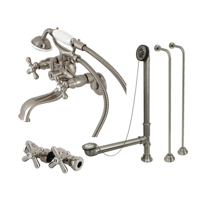 Kingston Heirloom CCK225SN - Vintage Three-Handle 2-Hole Tub Wall Mount Clawfoot Tub Faucet Package with Supply Line, Hand Shower and Tub Drain, Brushed Nickel