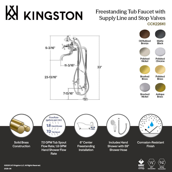 Kingston Heirloom CCK226K1 - Kingston Three-Handle 2-Hole Freestanding Clawfoot Tub Faucet Package with Supply Line and Stop Valve, Polished Chrome