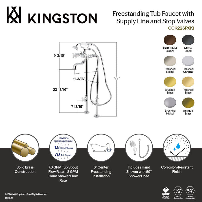 Kingston Heirloom CCK226PXK7 - Kingston Three-Handle 2-Hole Freestanding Clawfoot Tub Faucet Package with Supply Line and Stop Valve, Brushed Brass