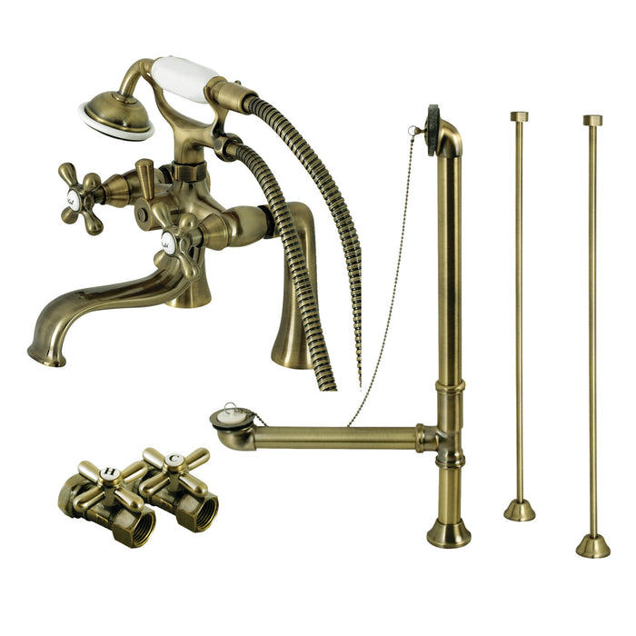 Kingston Heirloom CCK228AB - Vintage Three-Handle 2-Hole Deck Mount Clawfoot Tub Faucet Package with Supply Line, Hand Shower and Tub Drain, Antique Brass