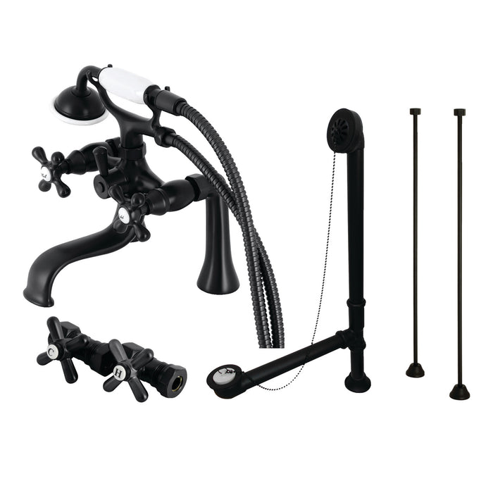Kingston Heirloom CCK228MB - Vintage Three-Handle 2-Hole Deck Mount Clawfoot Tub Faucet Package with Supply Line, Hand Shower and Tub Drain, Matte Black