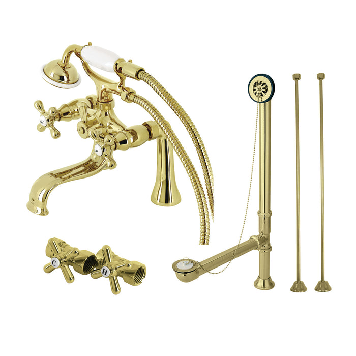 Kingston Heirloom CCK228PB - Vintage Three-Handle 2-Hole Deck Mount Clawfoot Tub Faucet Package with Supply Line, Hand Shower and Tub Drain, Polished Brass