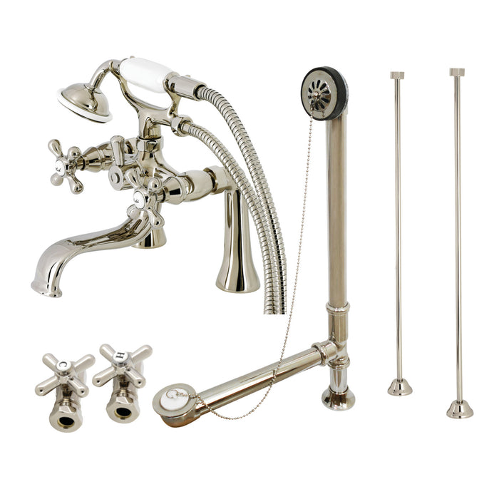 Kingston Heirloom CCK228PN - Vintage Three-Handle 2-Hole Deck Mount Clawfoot Tub Faucet Package with Supply Line, Hand Shower and Tub Drain, Polished Nickel