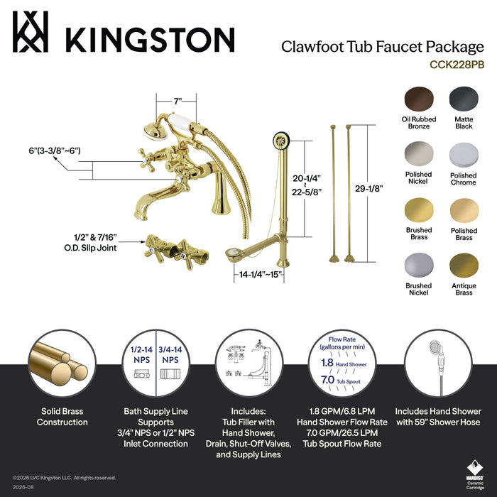 Kingston Heirloom CCK228SB - Vintage Three-Handle 2-Hole Deck Mount Clawfoot Tub Faucet Package with Supply Line, Hand Shower and Tub Drain, Brushed Brass