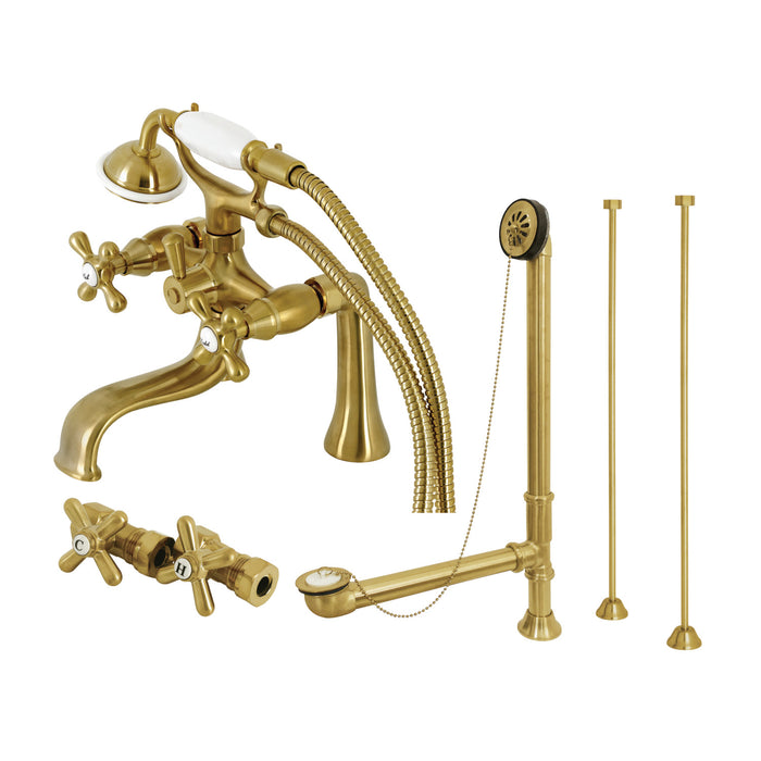 Kingston Heirloom CCK228SB - Vintage Three-Handle 2-Hole Deck Mount Clawfoot Tub Faucet Package with Supply Line, Hand Shower and Tub Drain, Brushed Brass
