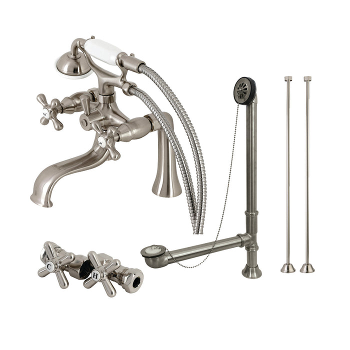 Kingston Heirloom CCK228SN - Vintage Three-Handle 2-Hole Deck Mount Clawfoot Tub Faucet Package with Supply Line, Hand Shower and Tub Drain, Brushed Nickel