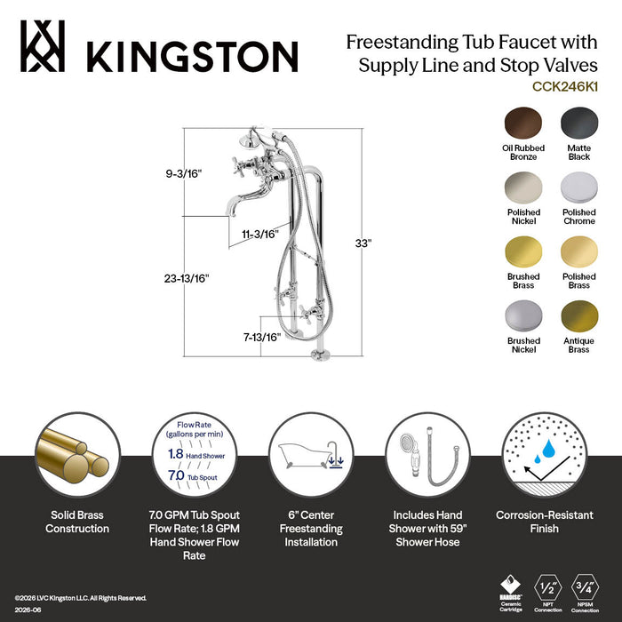 Kingston Heirloom CCK246K8 - Essex Three-Handle 2-Hole Freestanding Clawfoot Tub Faucet Package with Supply Line and Stop Valve, Brushed Nickel