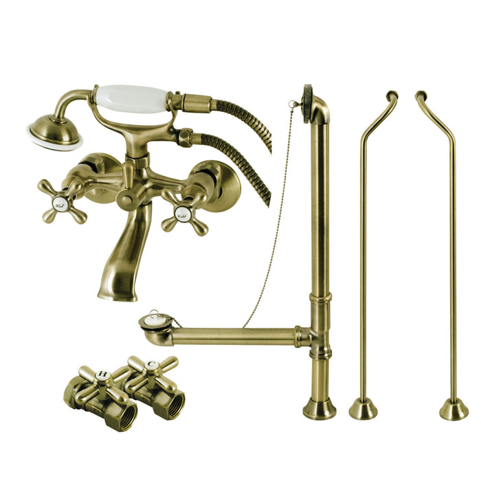 Kingston Heirloom CCK265ABD - Vintage Two-Handle 2-Hole Tub Wall Mount Clawfoot Tub Faucet Package with Supply Line, Hand Shower and Tub Drain, Antique Brass