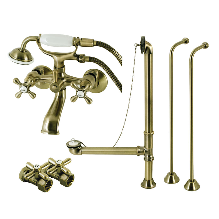 Kingston Heirloom CCK265AB - Vintage Two-Handle 2-Hole Tub Wall Mount Clawfoot Tub Faucet Package with Supply Line, Hand Shower and Tub Drain, Antique Brass