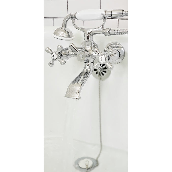 Kingston Heirloom CCK265C - Vintage Two-Handle 2-Hole Tub Wall Mount Clawfoot Tub Faucet Package with Supply Line, Hand Shower and Tub Drain, Polished Chrome