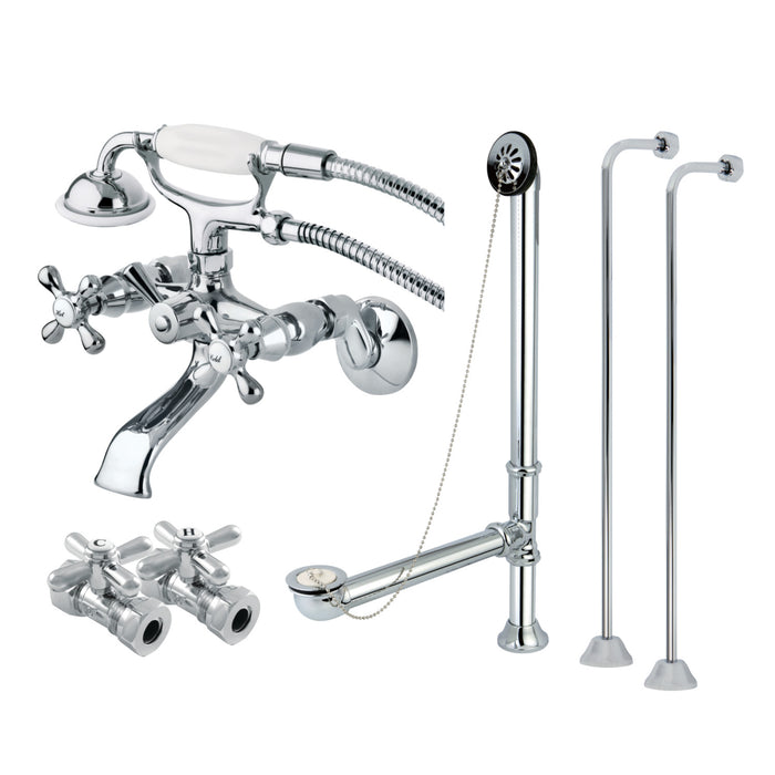 Kingston Heirloom CCK265C - Vintage Two-Handle 2-Hole Tub Wall Mount Clawfoot Tub Faucet Package with Supply Line, Hand Shower and Tub Drain, Polished Chrome