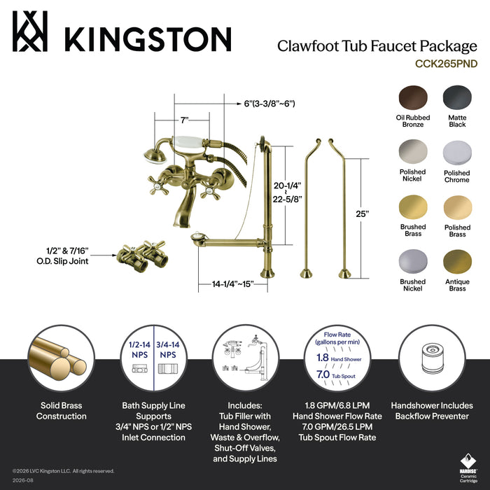 Kingston Heirloom CCK265MBD - Vintage Two-Handle 2-Hole Tub Wall Mount Clawfoot Tub Faucet Package with Supply Line, Hand Shower and Tub Drain, Matte Black