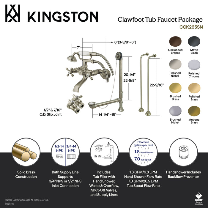 Kingston Heirloom CCK265PB - Vintage Two-Handle 2-Hole Tub Wall Mount Clawfoot Tub Faucet Package with Supply Line, Hand Shower and Tub Drain, Polished Brass