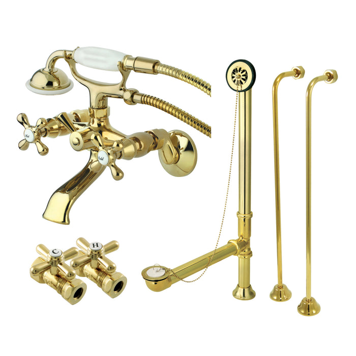 Kingston Heirloom CCK265PB - Vintage Two-Handle 2-Hole Tub Wall Mount Clawfoot Tub Faucet Package with Supply Line, Hand Shower and Tub Drain, Polished Brass