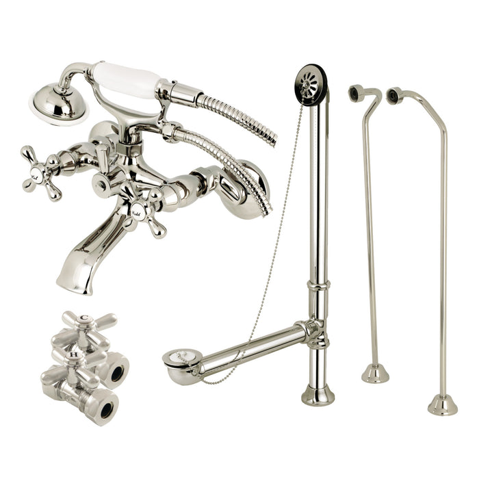 Kingston Heirloom CCK265PND - Vintage Two-Handle 2-Hole Tub Wall Mount Clawfoot Tub Faucet Package with Supply Line, Hand Shower and Tub Drain, Polished Nickel