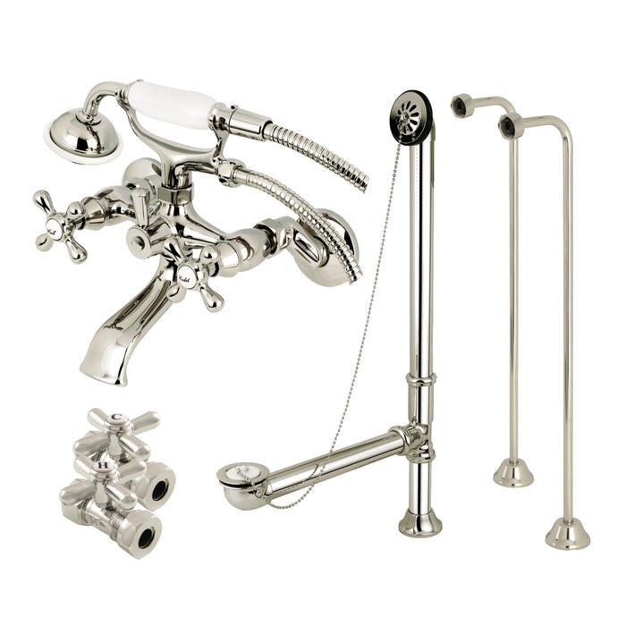 Kingston Heirloom CCK265PN - Vintage Two-Handle 2-Hole Tub Wall Mount Clawfoot Tub Faucet Package with Supply Line, Hand Shower and Tub Drain, Polished Nickel
