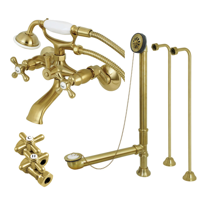 Kingston Heirloom CCK265SB - Vintage Two-Handle 2-Hole Tub Wall Mount Clawfoot Tub Faucet Package with Supply Line, Hand Shower and Tub Drain, Brushed Brass