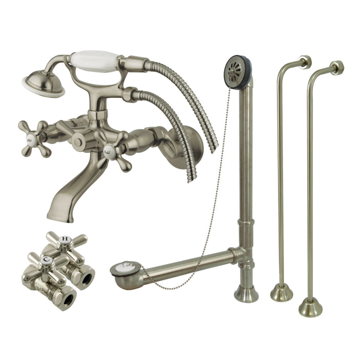 Kingston Heirloom CCK265SN - Vintage Two-Handle 2-Hole Tub Wall Mount Clawfoot Tub Faucet Package with Supply Line, Hand Shower and Tub Drain, Brushed Nickel