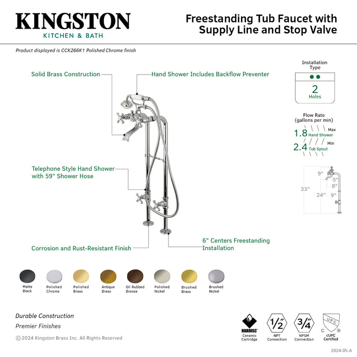 Kingston Heirloom CCK266K2 - Kingston Three-Handle 2-Hole Freestanding Tub Faucet with Supply Line and Stop Valve, Polished Brass