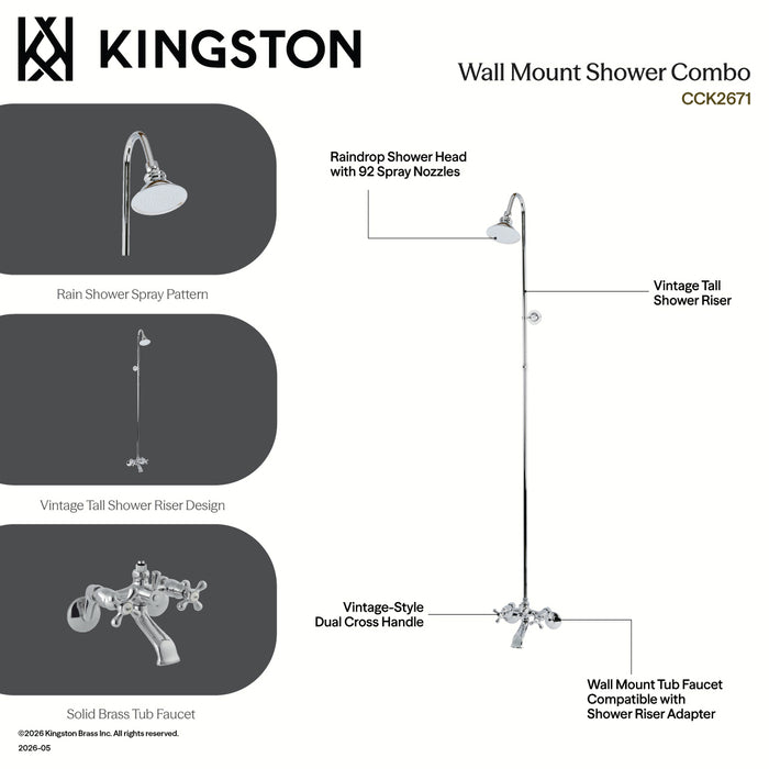 Kingston Heirloom CCK2671 - Vintage Two-Handle 2-Hole Wall Mount Clawfoot Tub Faucet Package with Shower Combo, Polished Chrome