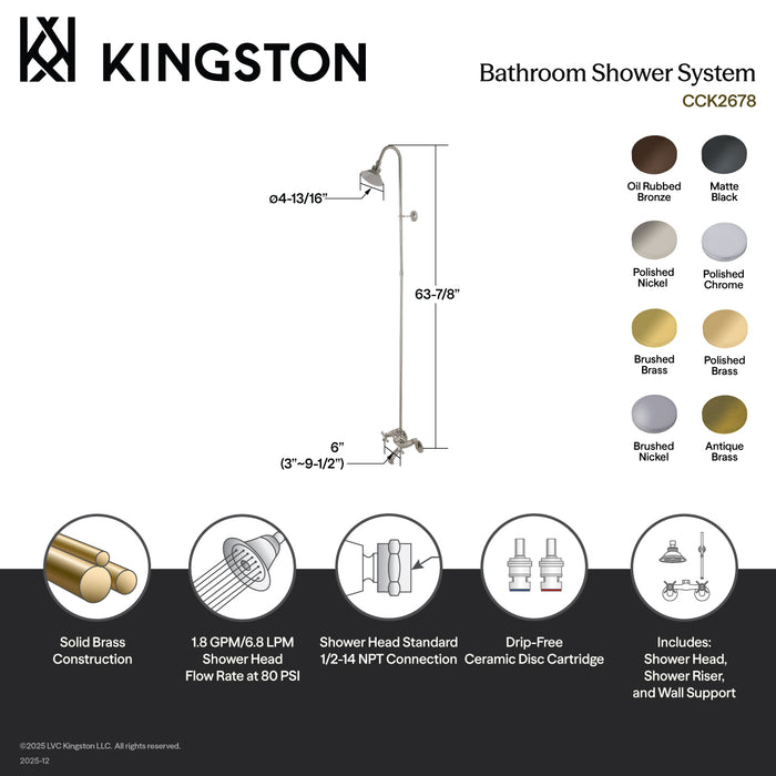 Kingston Heirloom CCK2672 - Vintage Two-Handle 2-Hole Wall Mount Clawfoot Tub Faucet Package with Shower Combo, Polished Brass
