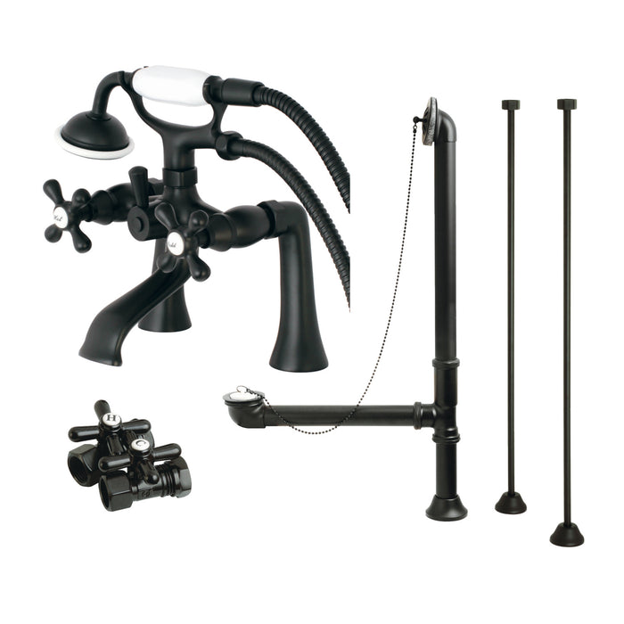 Kingston Heirloom CCK268MB - Vintage Two-Handle 2-Hole Deck Mount Clawfoot Tub Faucet Package with Supply Line, Hand Shower and Tub Drain, Matte Black