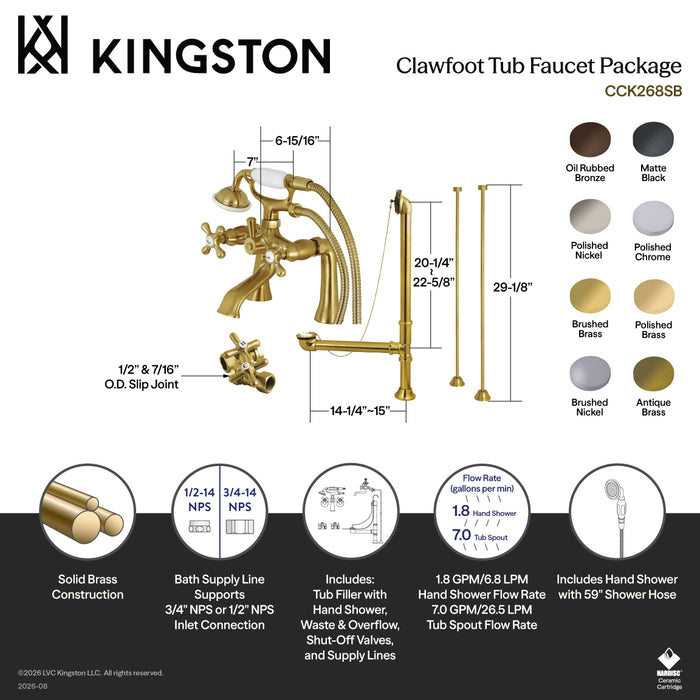Kingston Heirloom CCK268ORB - Vintage Two-Handle 2-Hole Deck Mount Clawfoot Tub Faucet Package with Supply Line, Hand Shower and Tub Drain, Oil Rubbed Bronze