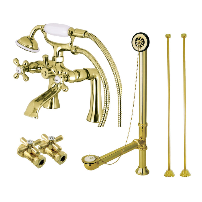 Kingston Heirloom CCK268PB - Vintage Two-Handle 2-Hole Deck Mount Clawfoot Tub Faucet Package with Supply Line, Hand Shower and Tub Drain, Polished Brass